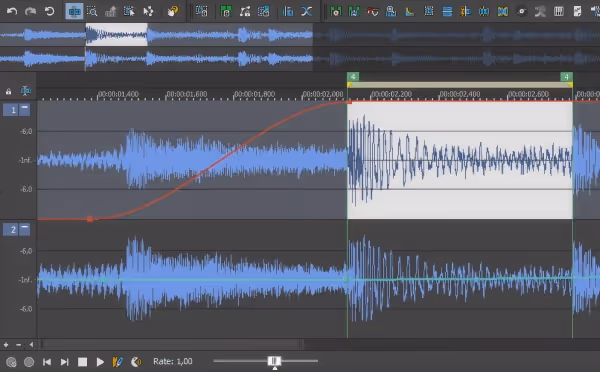 Audio editing software interface displaying two audio waveforms with a selected section and an envelope automation curve.