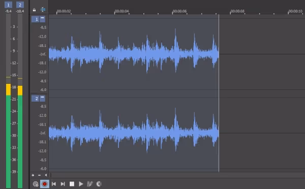 Audio waveform display in a digital audio workstation showing two stereo tracks with volume meters and playback controls.