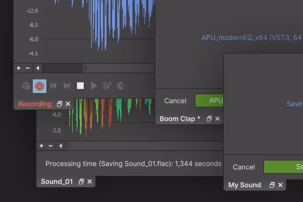 Screenshot of audio editing software showing waveform visuals, recording controls, and a saving process for a sound file named Sound_01.flac.
