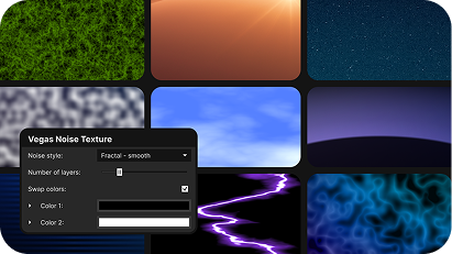 A grid of nine colorful noise texture samples with a settings box titled "VEGAS Noise Texture" overlayed showing options for noise style and color swapping.