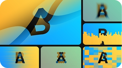 Collage of abstract digital transitions featuring stylized black letters A, B, and X over vibrant blue and yellow backgrounds.