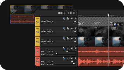 Video editing software interface showing nested video and audio tracks with waveforms and clip thumbnails.