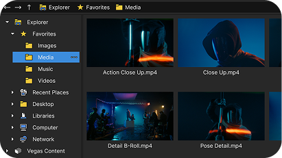 File explorer window showing folders and video thumbnails with filenames like Action Close Up.mp4 and Detail B-Roll.mp4.