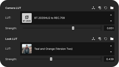 Video editing interface showing Camera LUT set to BT.2020HLG to REC.709 with strength 0.651 and Look LUT set to Teal and Orange (Version Two) with strength 0.439.