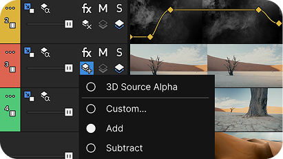 Video editing software interface showing multiple layered tracks with blending mode options including Add, Subtract, and Multiply (Mask).
