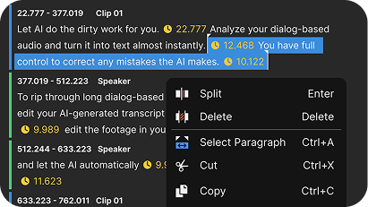Screenshot of Vegas Pro video editing software showing dialog-based text editing with timestamps, speaker labels, and a context menu with options to split, delete, select paragraph, cut, copy, and paste.