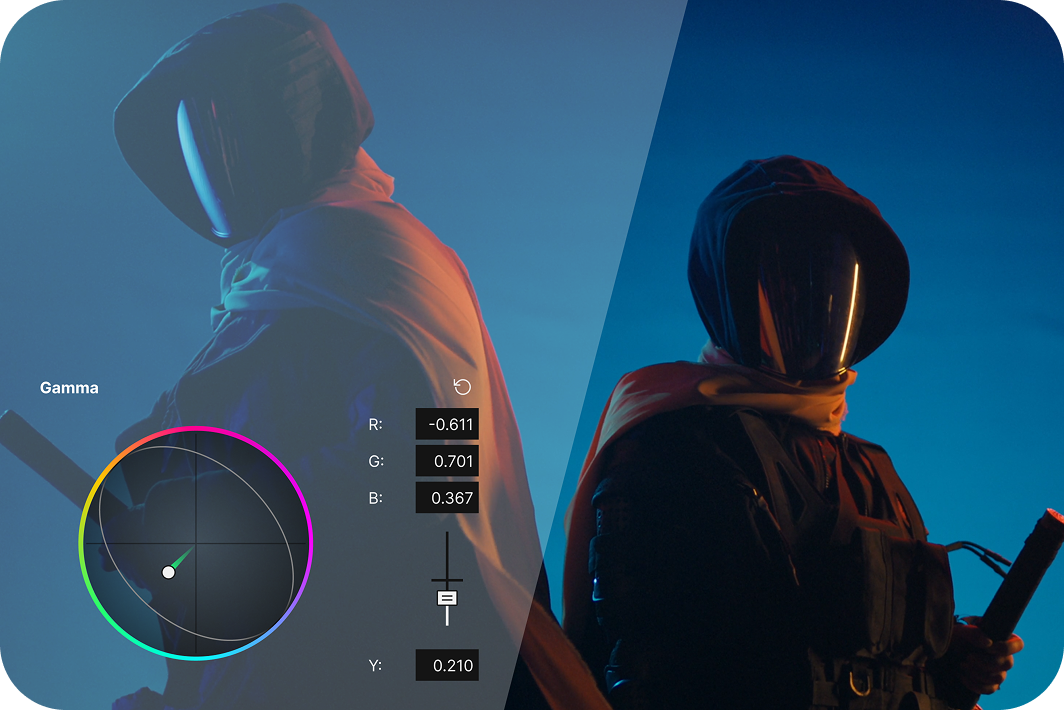 Side-by-side video frames of a hooded figure, one with warm color grading and the other with cool blue tones, showing color adjustment controls.