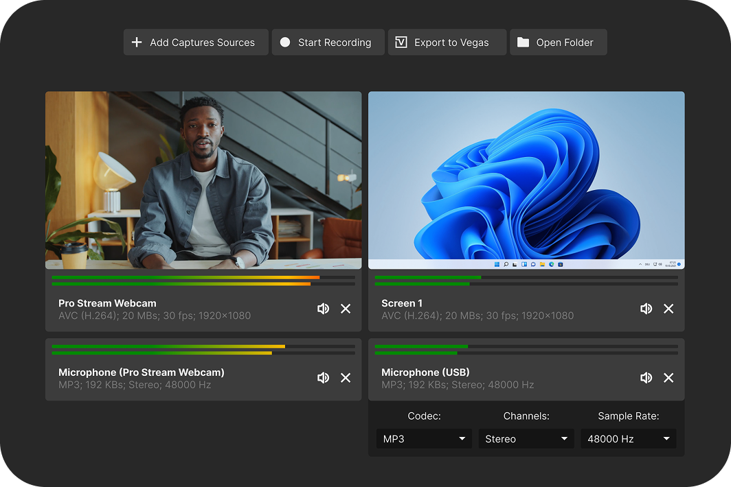 Software interface showing video and audio capture sources with a webcam feed of a man and a screen display, plus microphone settings and codec options.