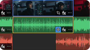 Video editing timeline showing a video clip above and multiple audio waveforms below, with one highlighted audio track featuring an effect icon.