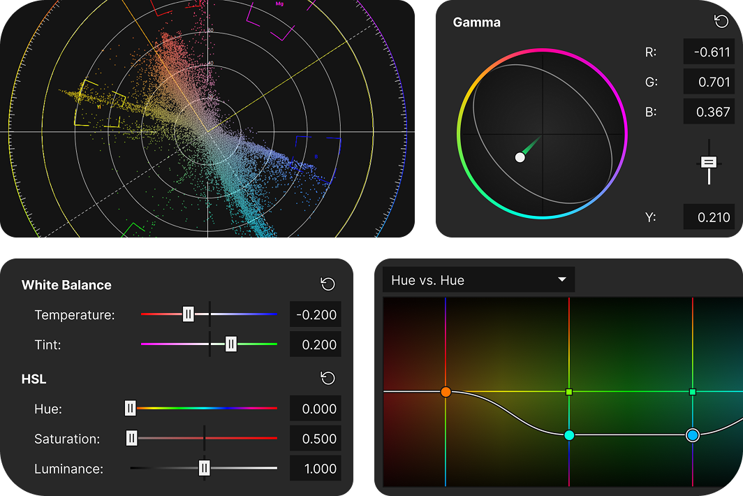 Video editing color grading interface showing a vectorscope, gamma color wheel, white balance sliders for temperature, tint, and HSL controls, and a hue vs. hue curve graph.