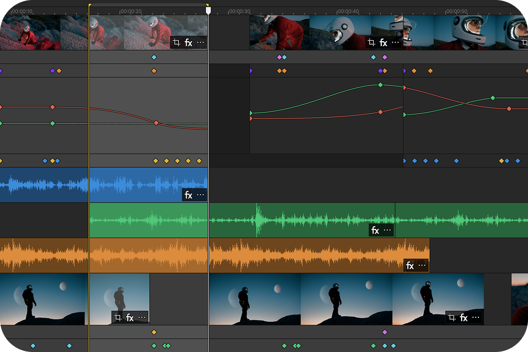 Video editing timeline with clips showing a man's face, smoke effects, text reading  "DREAM BIG AND DARE TO FAIL," and audio waveforms below.