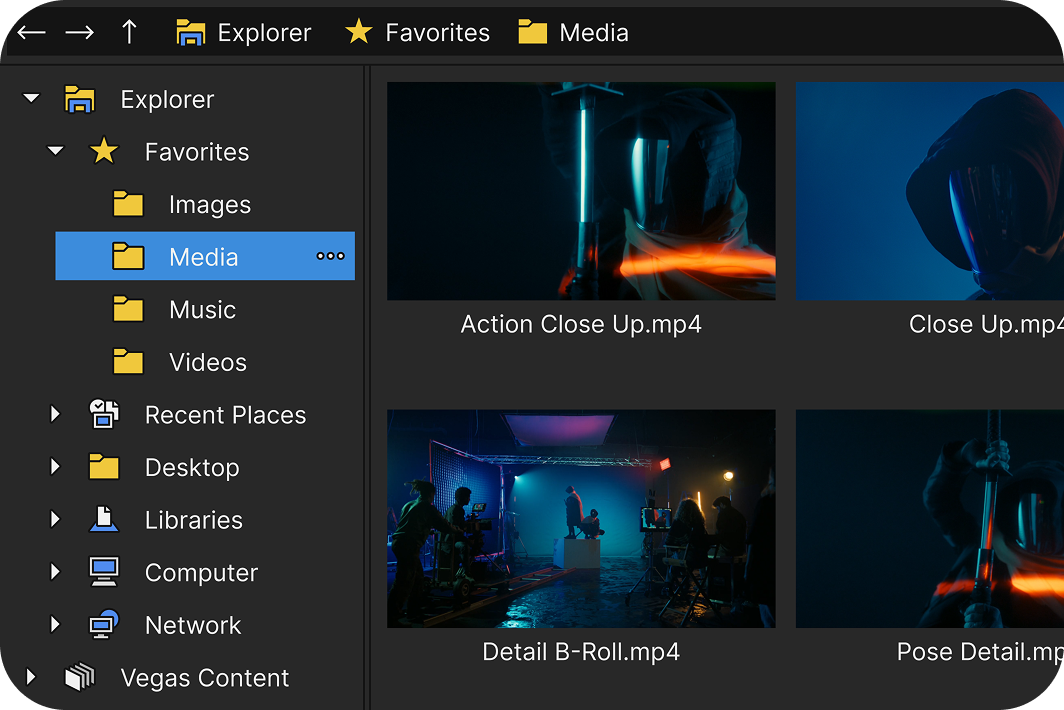 File explorer window showing folders and video thumbnails with filenames like Action Close Up.mp4 and Detail B-Roll.mp4.