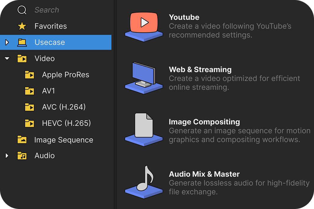Software interface showing use case categories: Youtube, Web & Streaming, Image Compositing, and Audio Mix & Master with corresponding icons and descriptions.