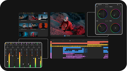 Video editing software interface showing a preview of a person in a red jacket, color grading wheels, audio mixer levels, and a multi-track timeline.