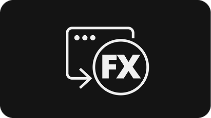 Icon of a window with an arrow pointing to a circle containing the letters FX on a black background.