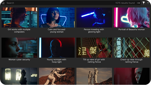 Video content library interface showing 1575 results with thumbnail previews of cyberpunk and futuristic-themed scenes.