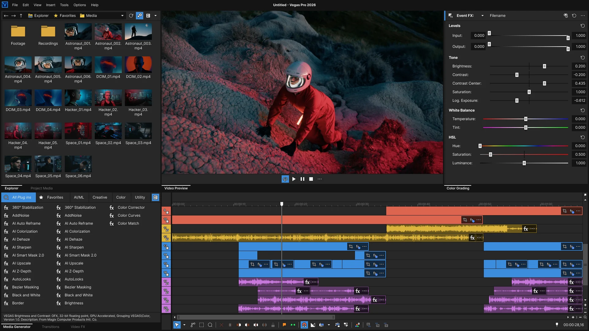 Video editing software interface showing a timeline with multiple video and audio tracks, a preview window displaying an astronaut climbing rocky terrain with red lighting, and color grading controls on the right.