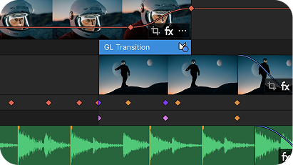 Video editing timeline with clips showing a person in a helmet and a silhouette against a moonlit sky, including audio waveforms and effect markers.