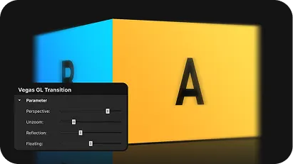 3D cube with yellow face labeled A and blue face labeled B, showing Vegas GL Transition settings panel with adjustable sliders for Perspective, Unzoom, Reflection, and Floating.