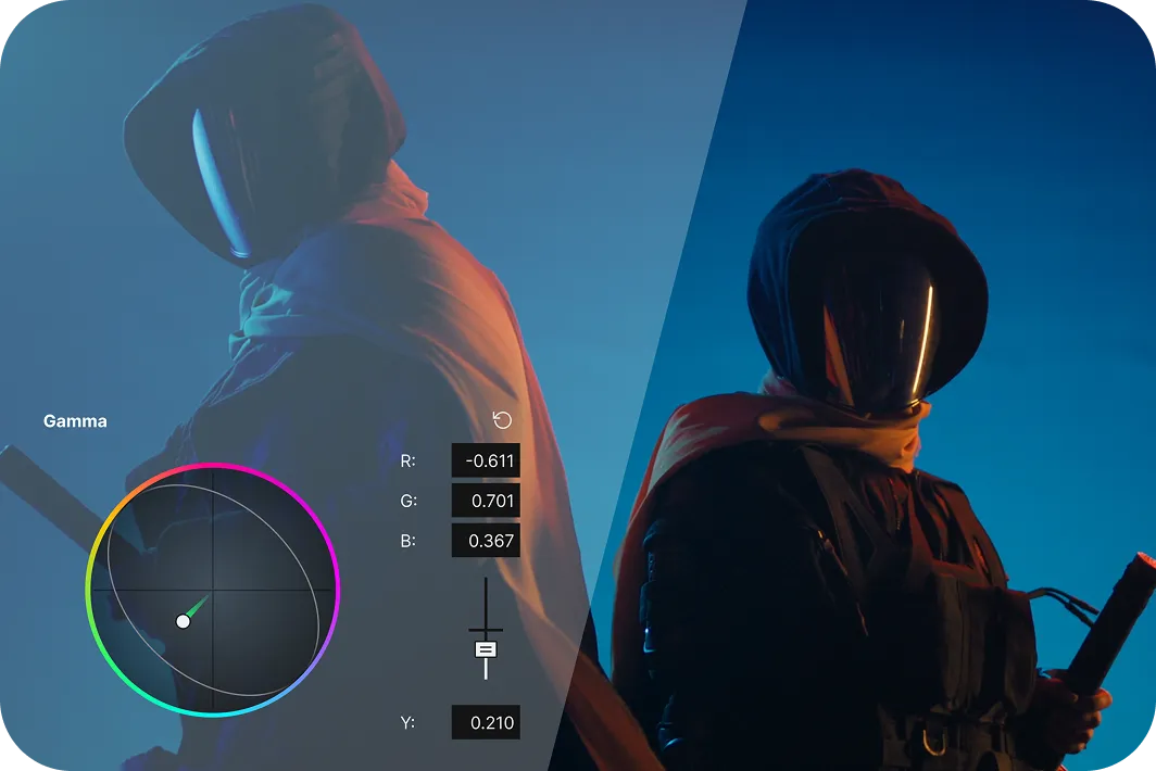 Side-by-side video frames of a hooded figure, one with warm color grading and the other with cool blue tones, showing color adjustment controls.