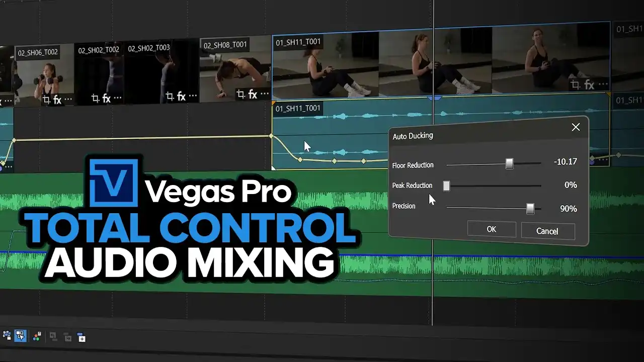 Vegas Pro timeline with an audio mixing panel and the title Total Control Audio Mixing