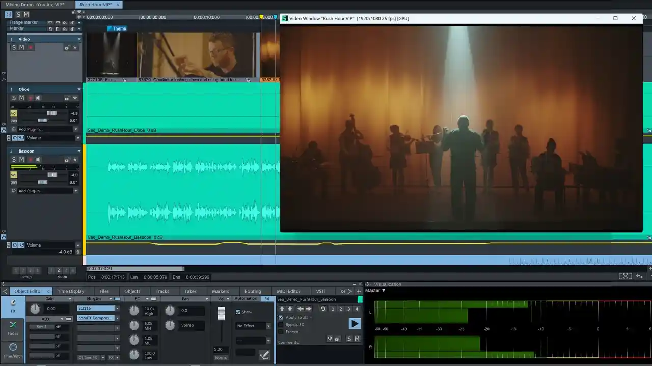Sequoia’s video window playing 4K footage next to the multitrack arranger and mixer