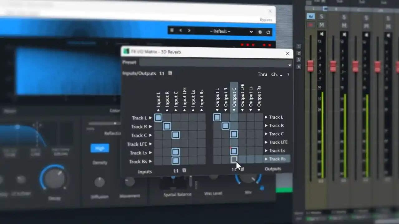 The FX I/O Matrix dialog open beside Sequoia’s mixer
