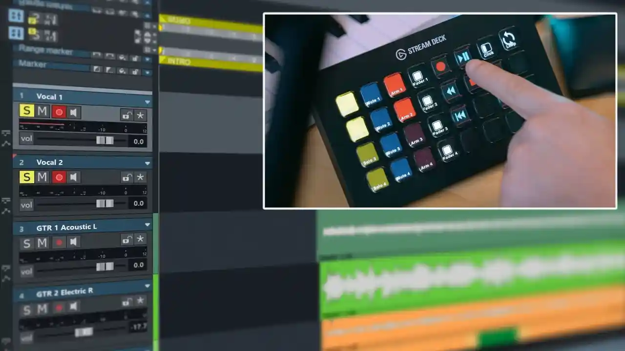 A Stream Deck controlling transport functions next to Sequoia’s arranger