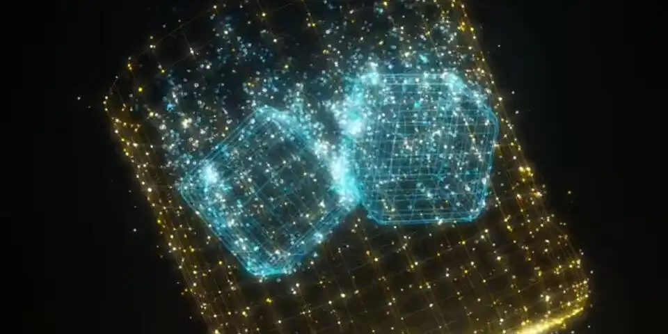 Glowing cyan and gold particle cubes made with Particle Illusion.