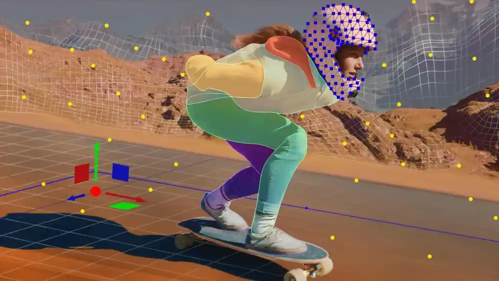 Skateboarder tracked in Mocha Pro with a mesh warp, roto shapes and 3D camera-solve markers.