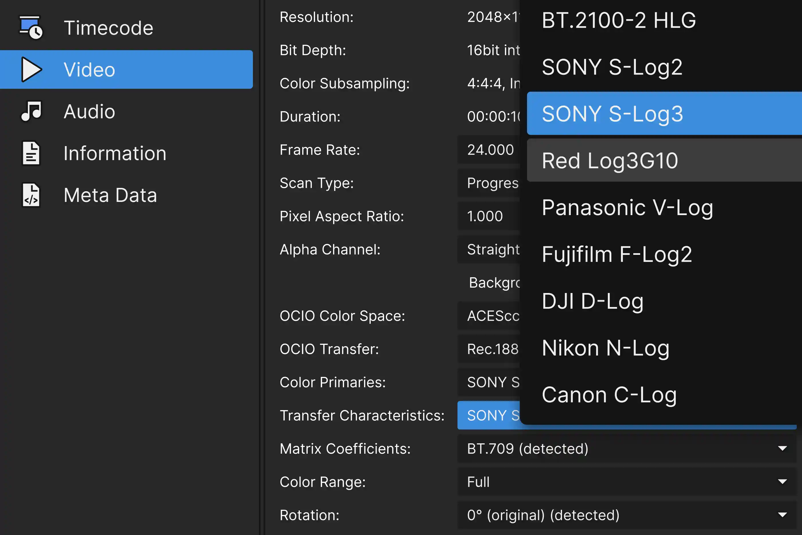 Vegas Pro Media Properties dialog with the transfer characteristics menu listing camera log formats.