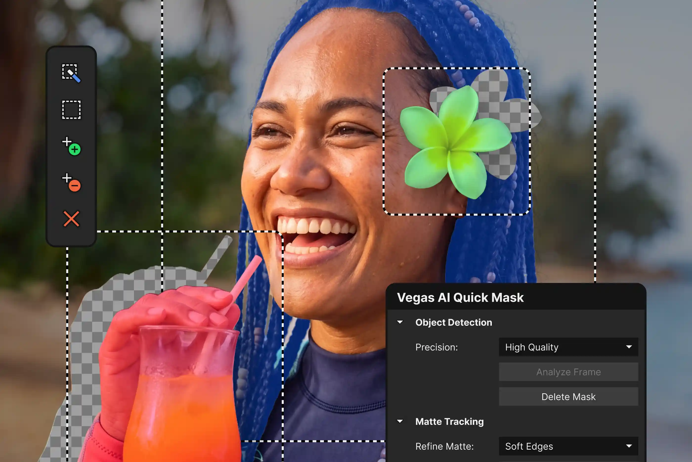 AI Quick Mask selecting a smiling woman with blue braids, with the Vegas AI Quick Mask panel open.