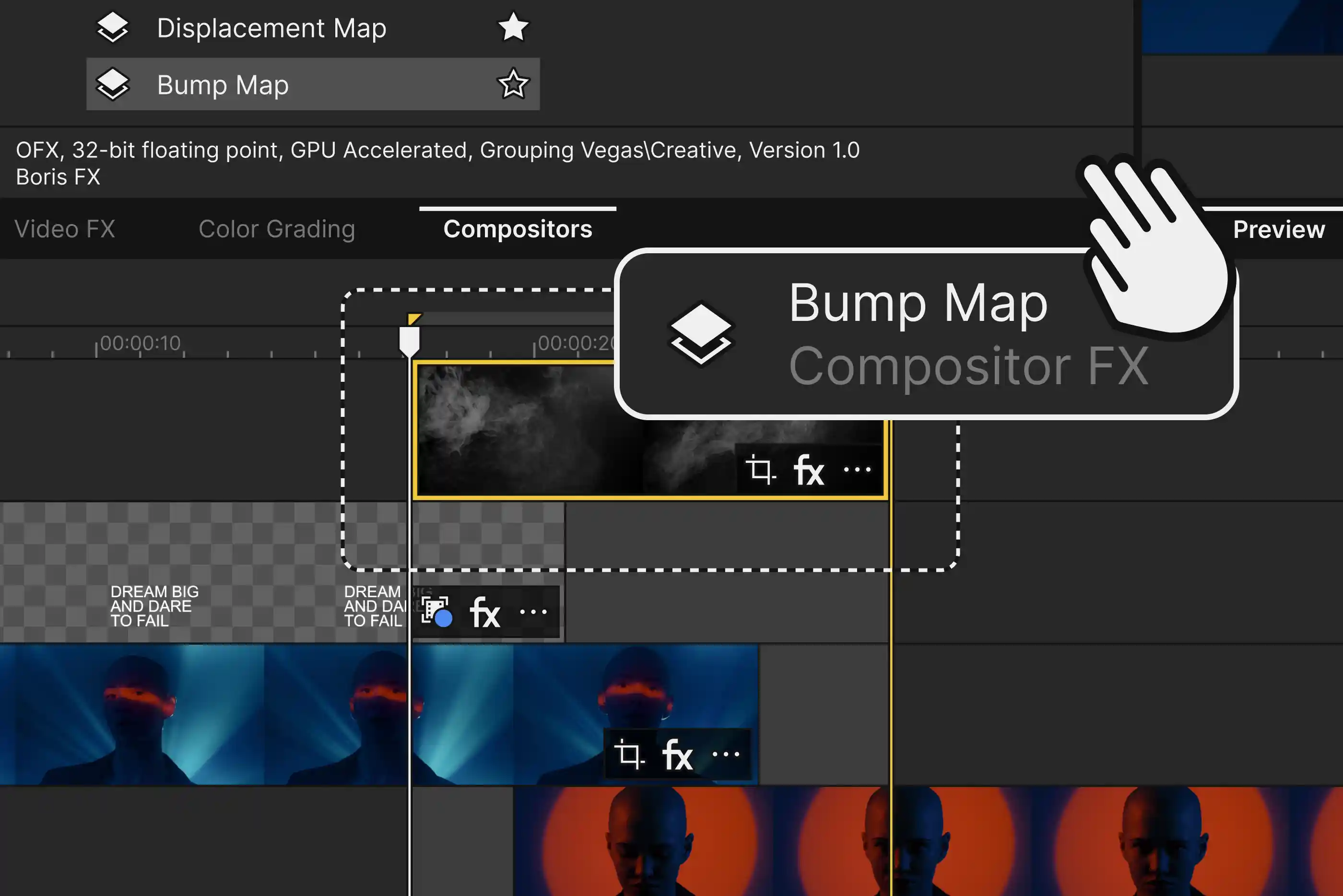 Bump Map compositor effect being dragged onto a video event in the Vegas Pro timeline.
