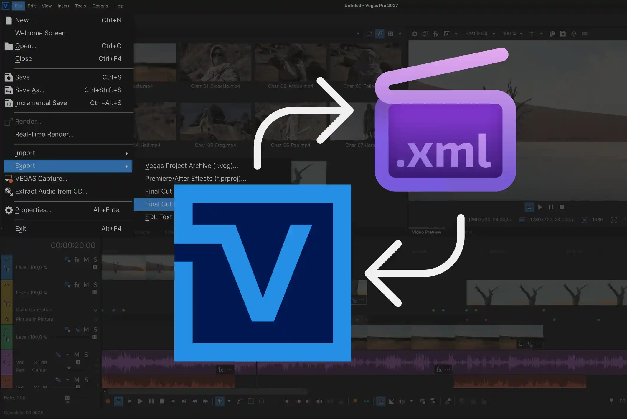 Vegas Pro 'V' logo and a purple '.xml' clapper icon joined by round-trip arrows over a dimmed Vegas export menu.