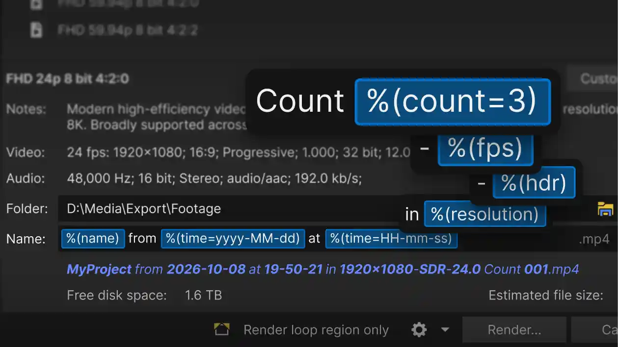 Render dialog with filename tokens for count, frame rate, HDR and resolution.