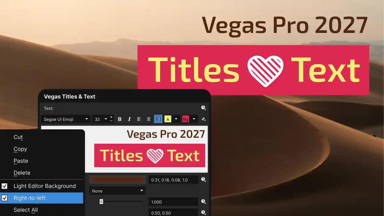 Vegas Titles and Text panel under a Vegas Pro 2027 Titles and Text banner on a desert background.