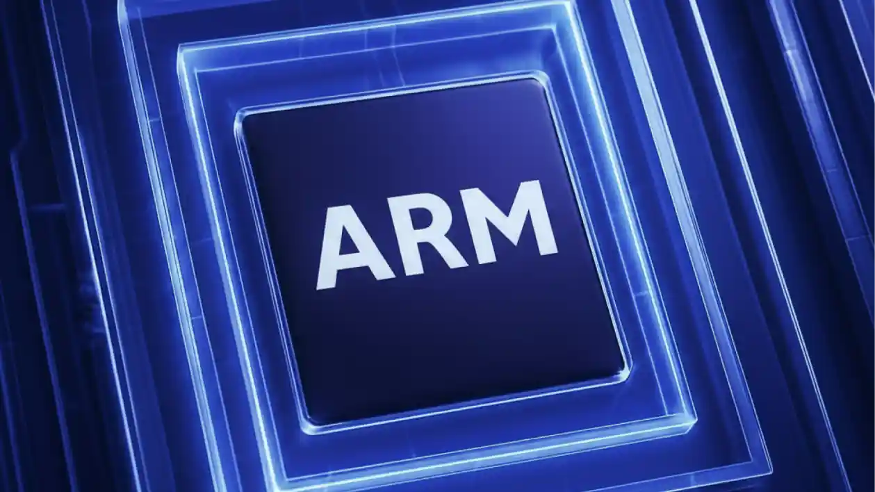 Glowing blue ARM processor chip.