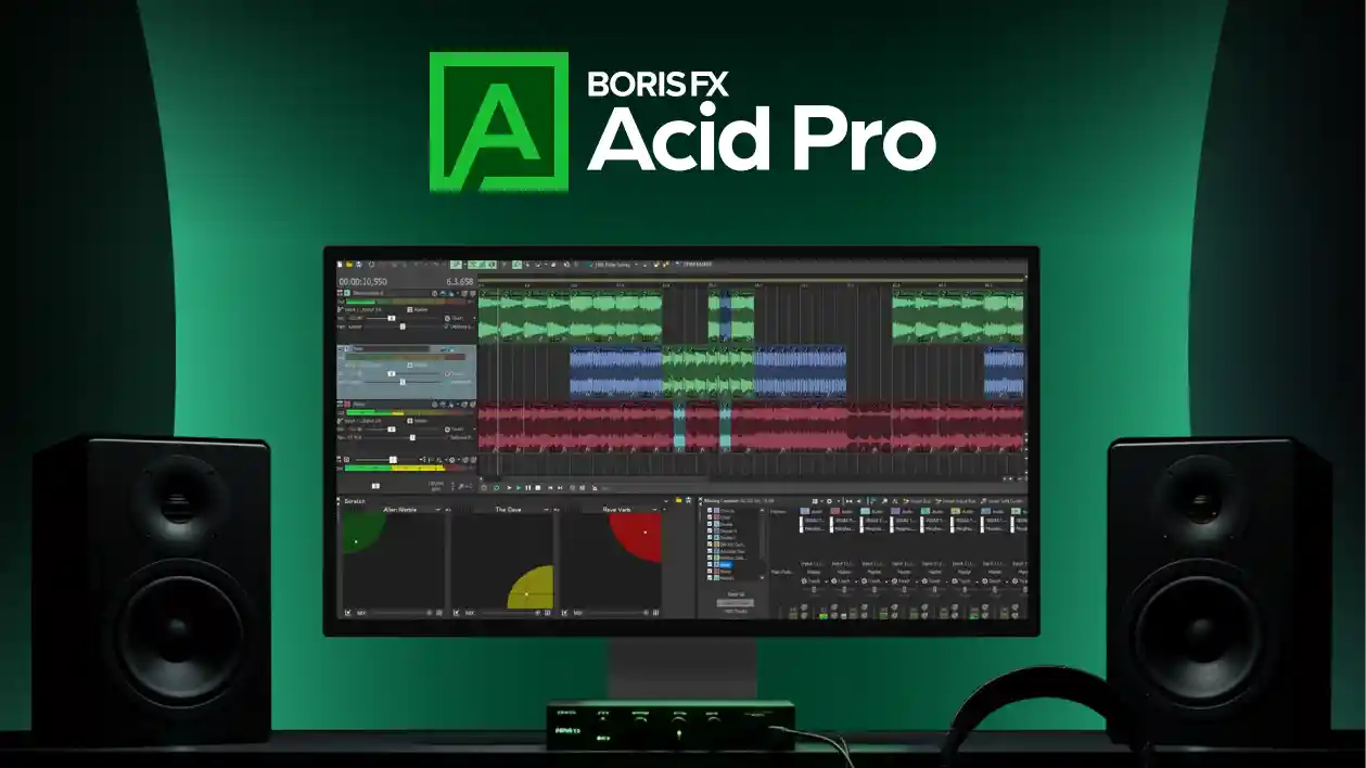 Acid Pro running on a studio desktop setup against a green backdrop.