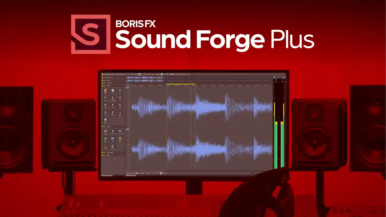 Sound Forge Plus running on a studio desktop setup against a red backdrop.