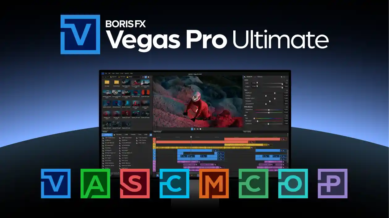 Vegas Pro Ultimate on a monitor above a row of included product icons.