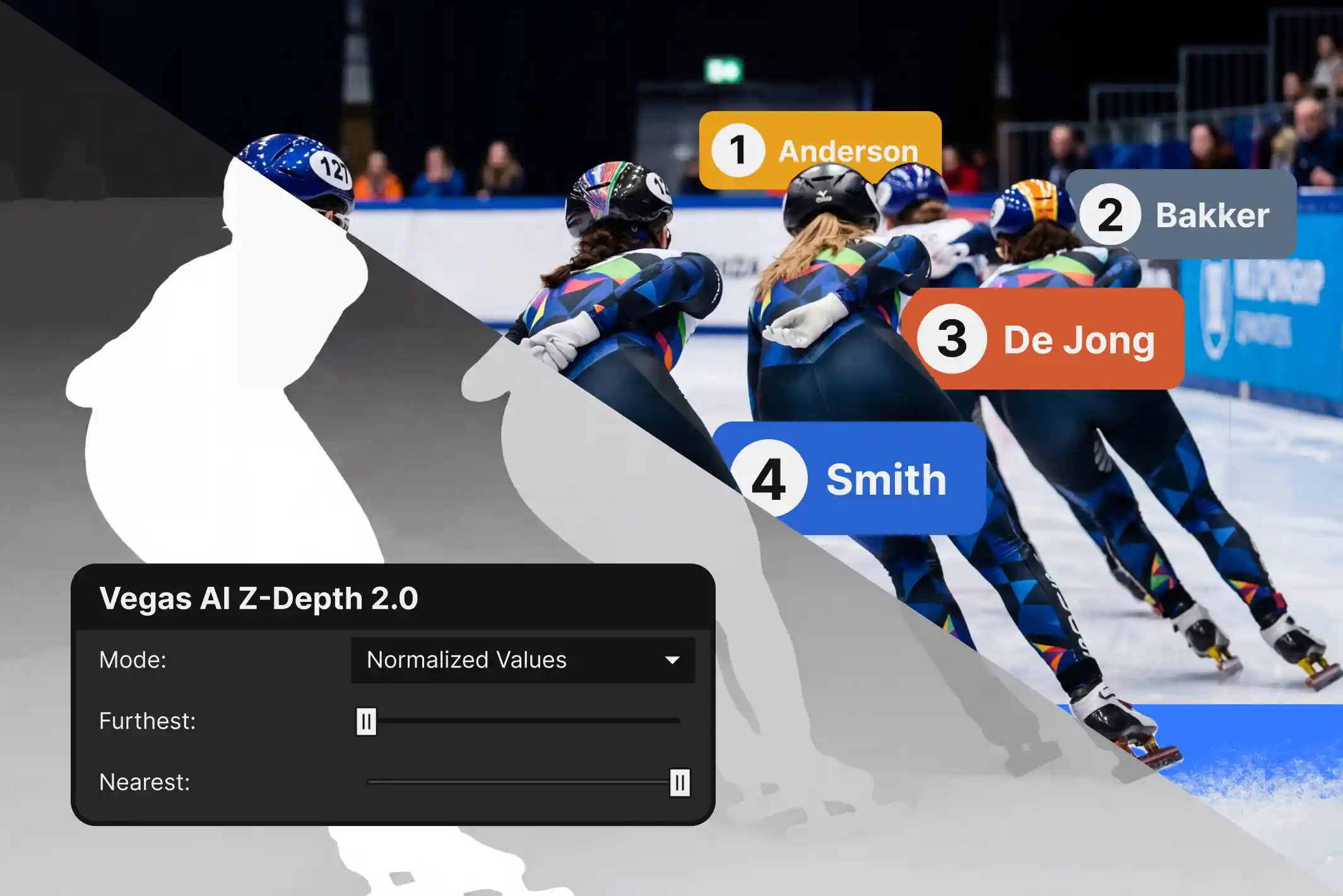 Speed skaters separated by an AI depth matte, with the Vegas AI Z-Depth 2.0 settings panel.