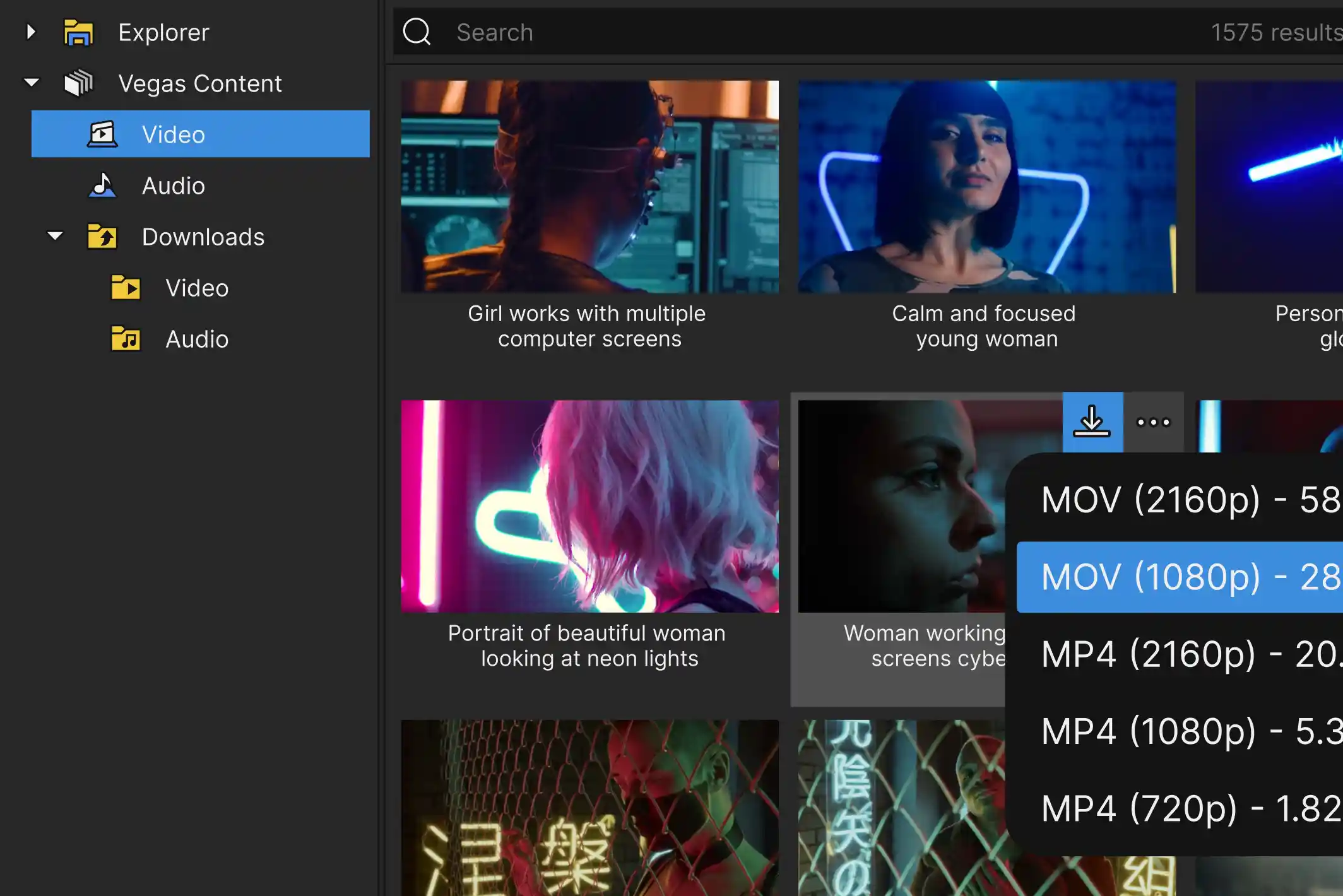 Vegas Content library in the Explorer window with a download format menu open.
