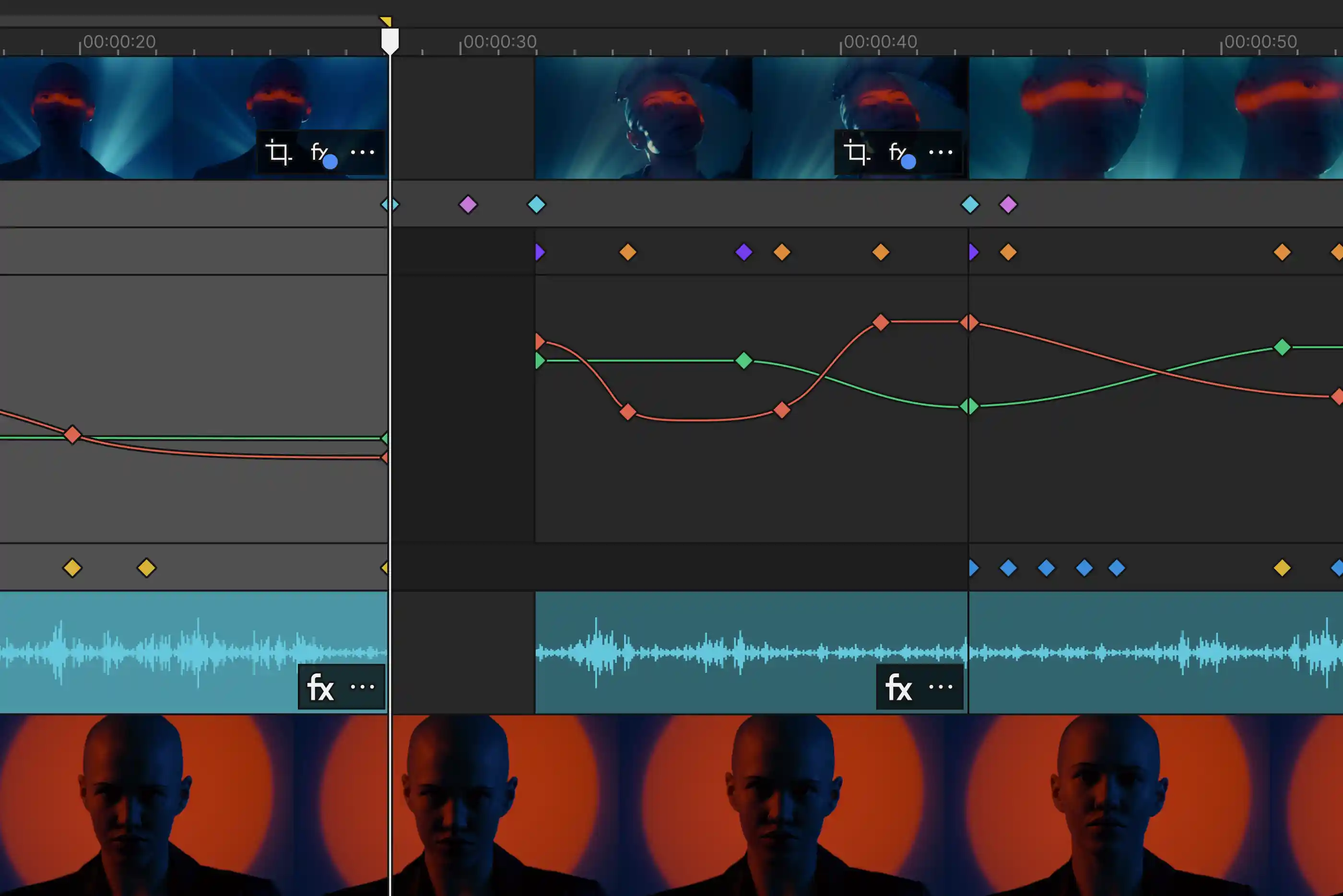 Video editing timeline interface showing video clips with a person's face, audio waveform, and multiple colored keyframe markers for effects and adjustments.