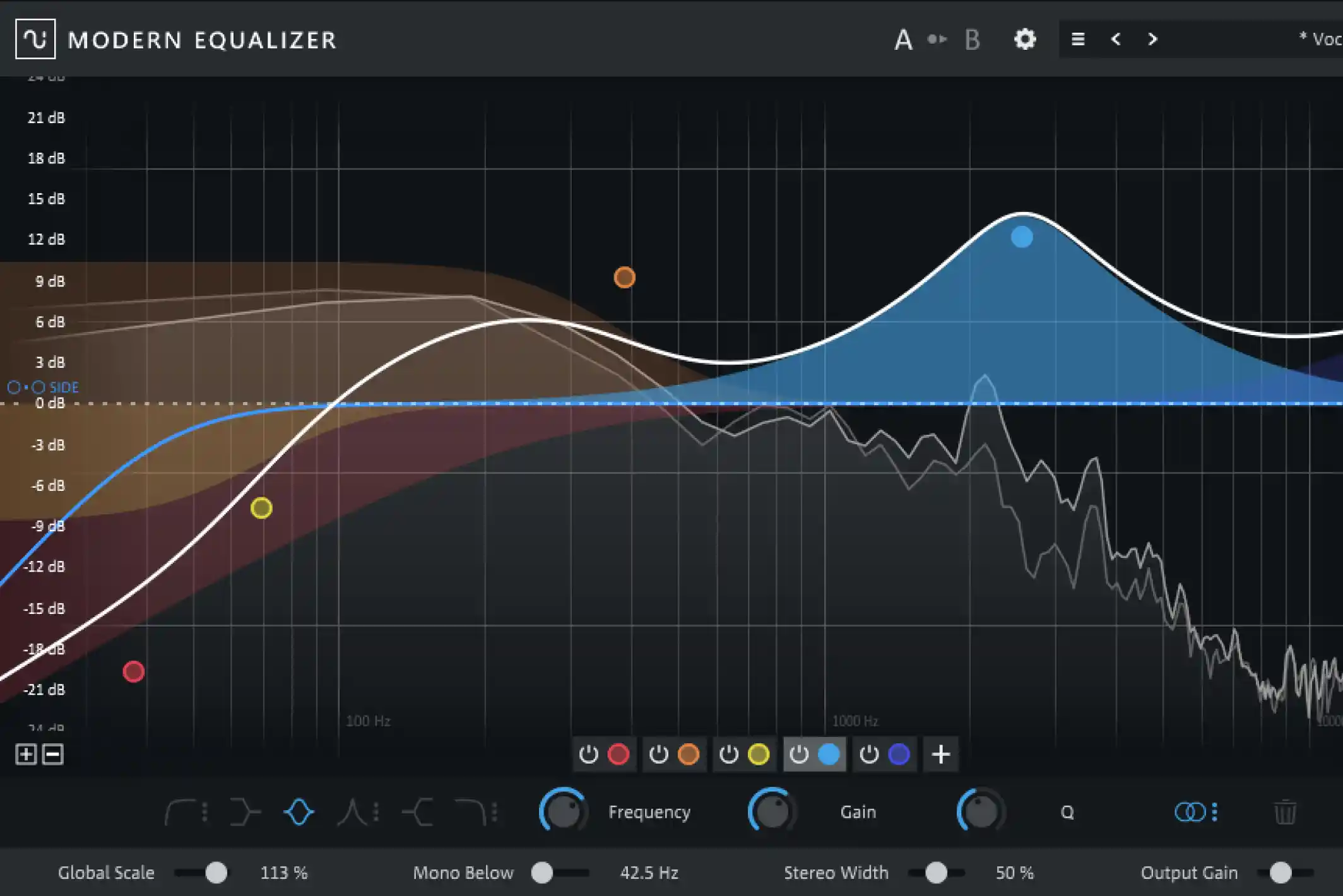Modern Equalizer with a blue frequency curve and adjustable EQ bands.