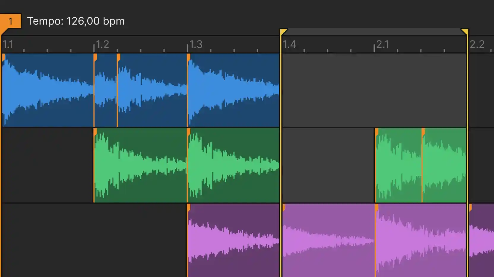 Vegas Pro timeline at 126 bpm with colored audio events aligned to the beat.
