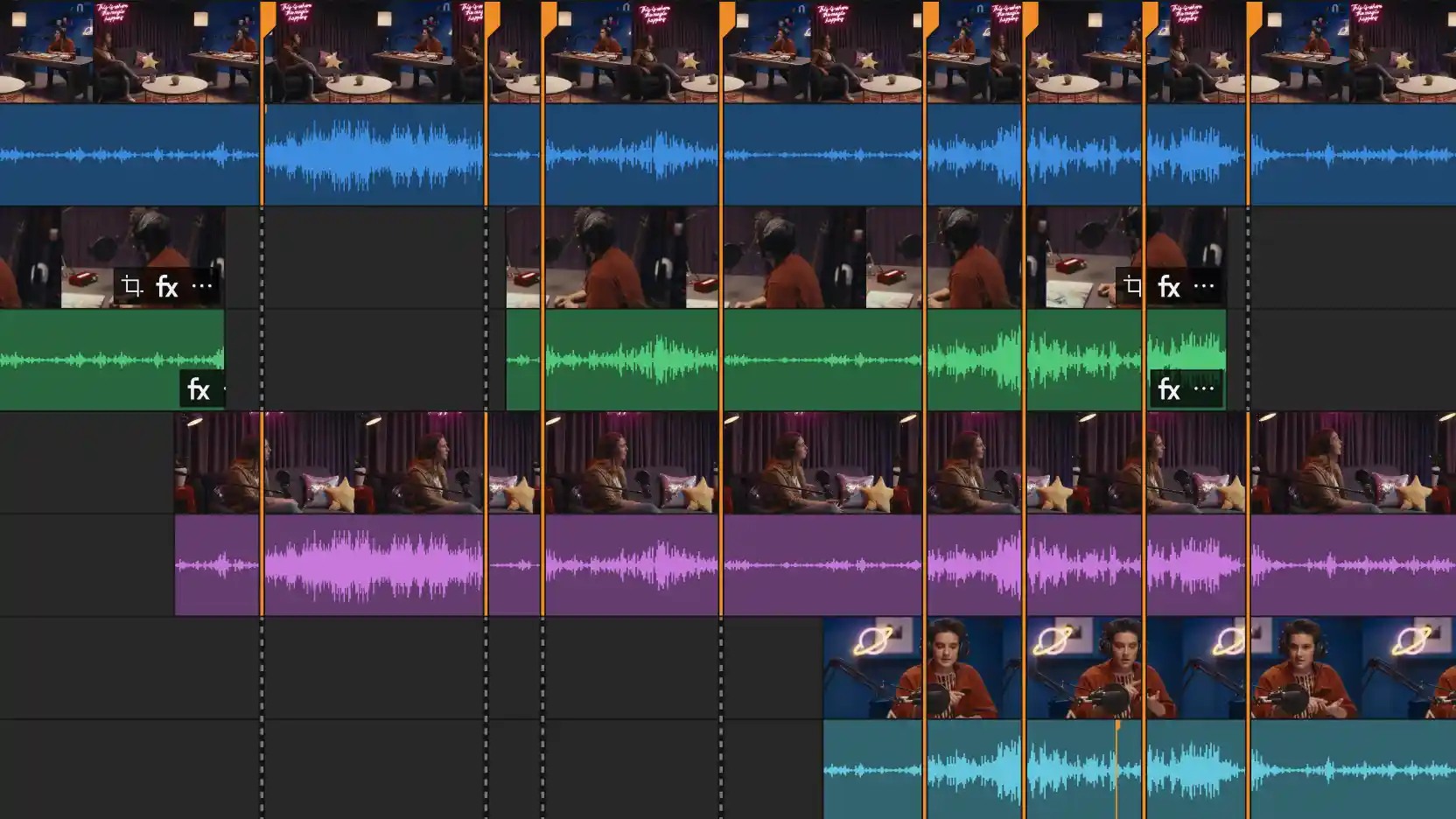 Vegas Pro multicamera timeline with staggered video clips of a dinner scene above blue, green, purple and teal audio waveforms aligned by audio analysis.