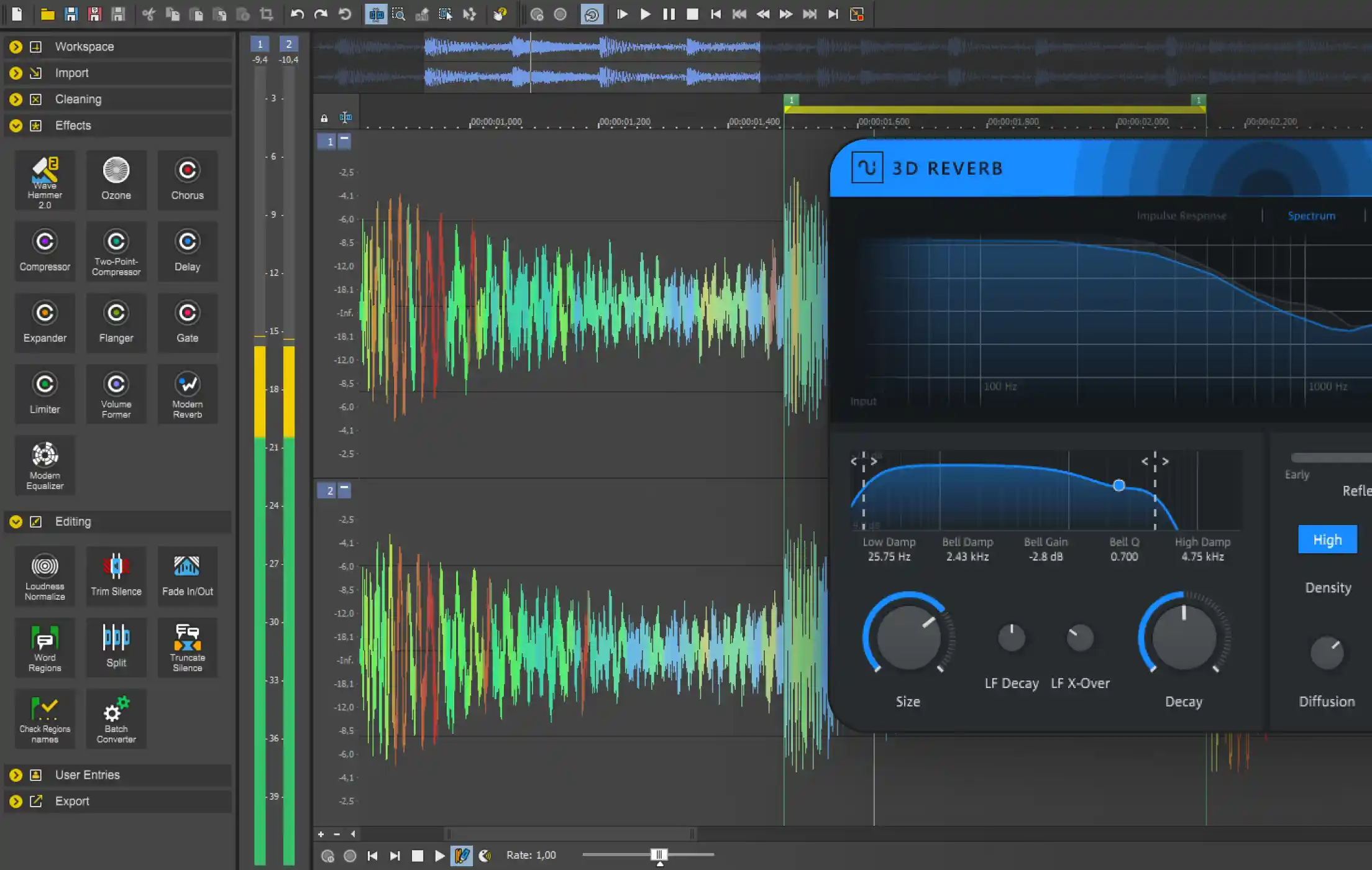 Sound Forge waveform editor showing a stereo track with the 3D Reverb plugin open.