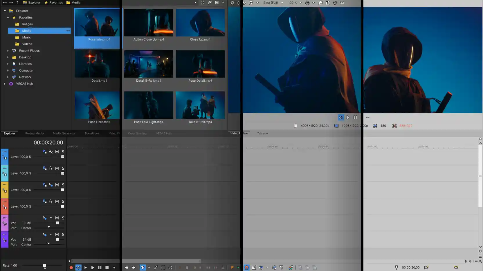 Vegas Pro interface cut into vertical strips at different UI brightness levels, dark to light, showing the media bin, track headers and timeline, and a preview of a hooded figure lit blue and orange.