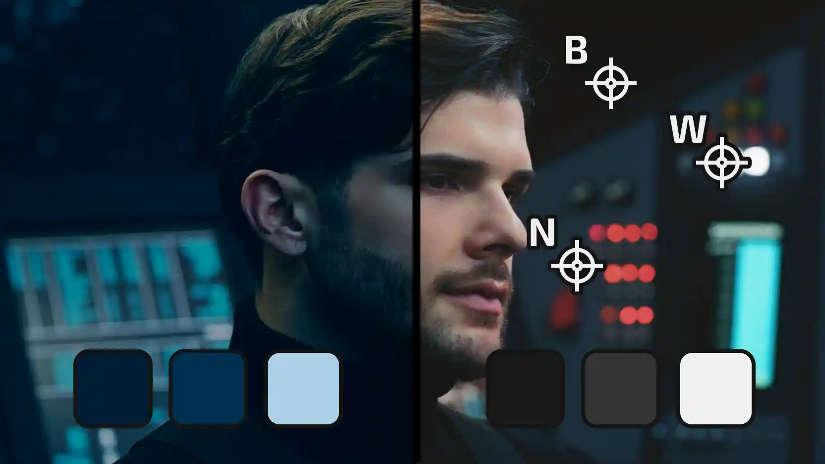 Split-screen portrait of a man in a dim control room, left half with a cool blue cast and right half neutrally graded, with B, W and N eyedropper crosshair targets and color swatches (navy, blue, light blue / black, grey, white).