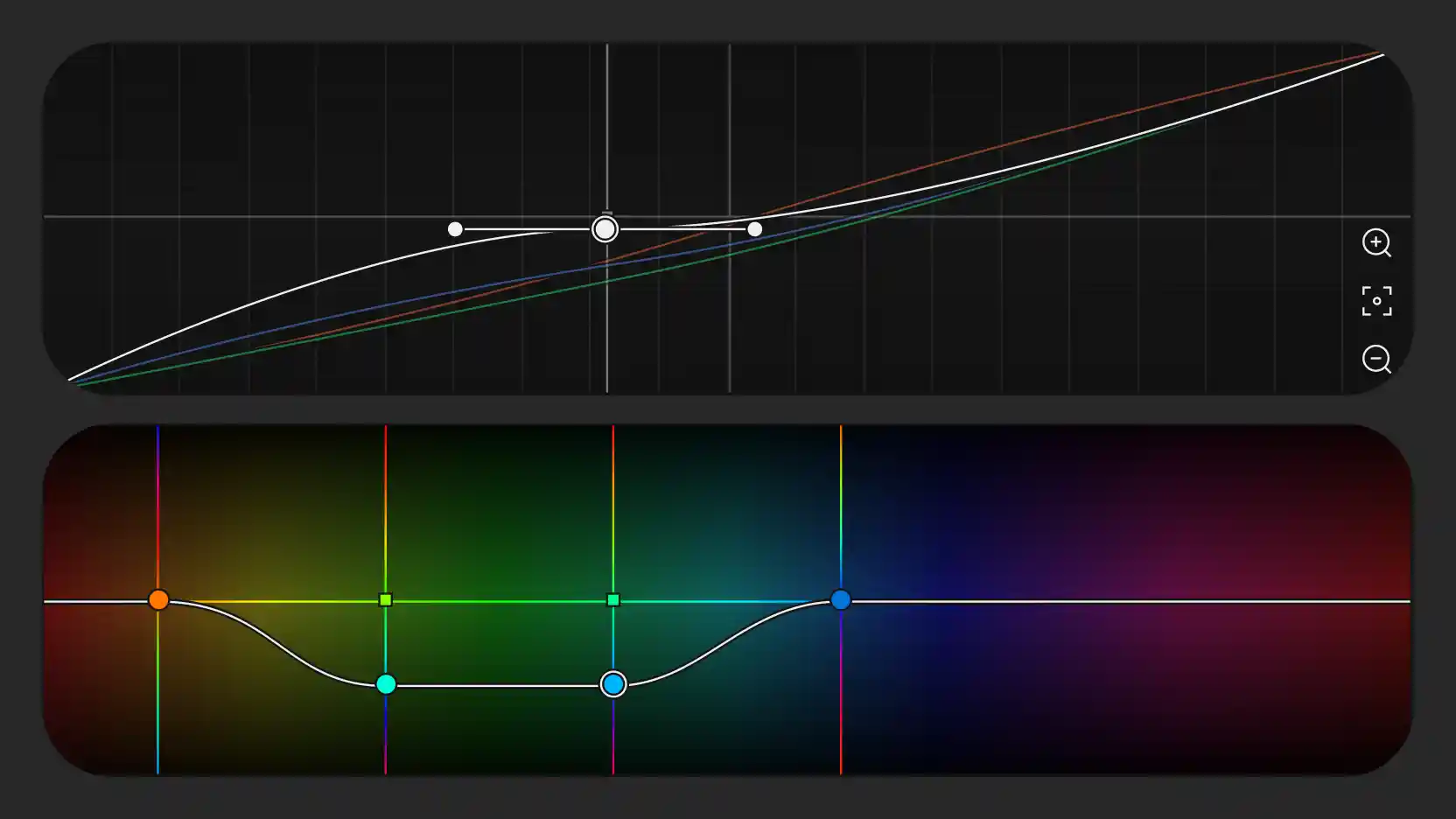 Color curves panel: an RGB/luminance curve with three control points on a dark grid with zoom icons, above a hue-curve panel with a rainbow gradient and a dipping adjustment curve.